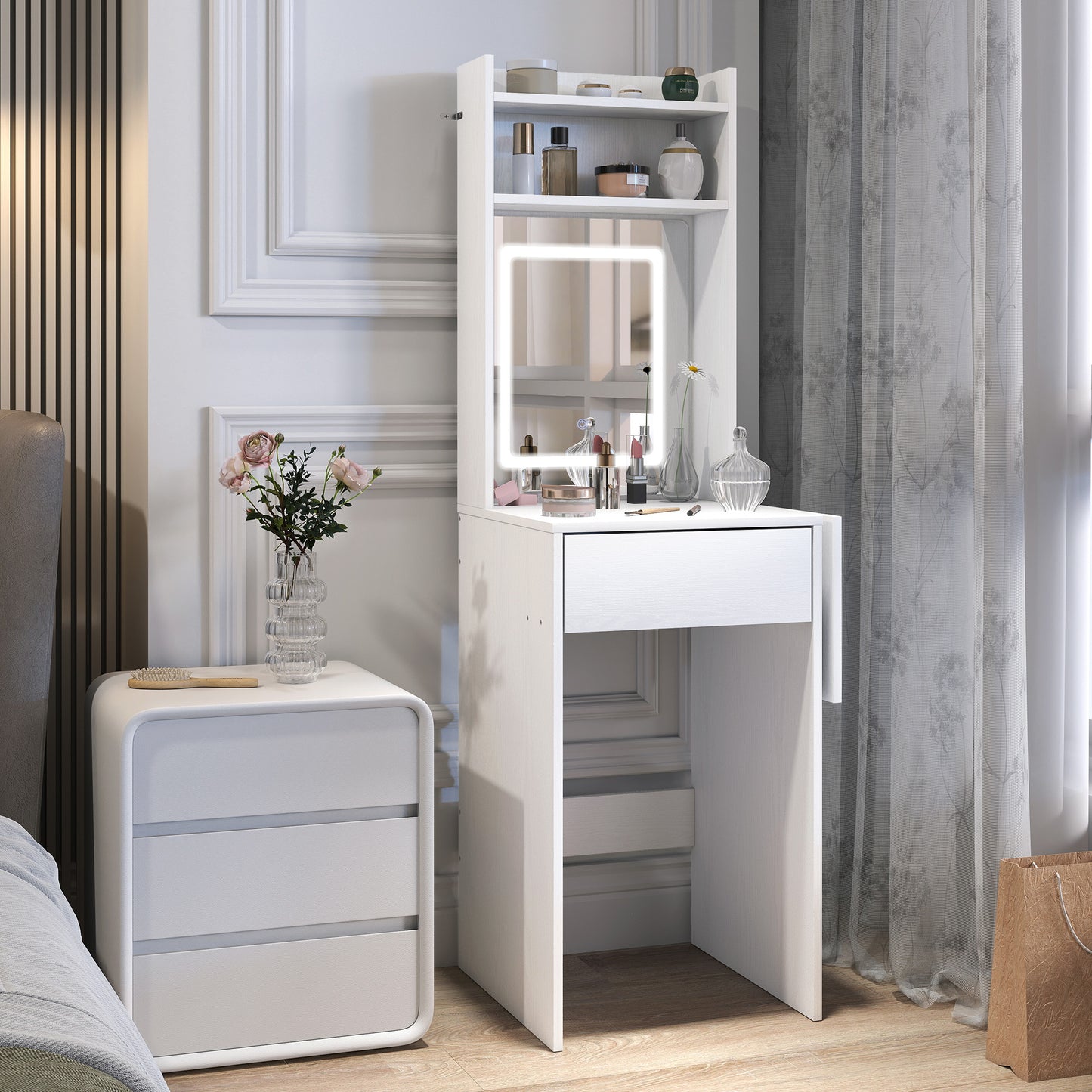 Ravitti White Compact Vanity Desk With Mirror LED Lights Drop Leaf And Open Shelves