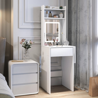 Ravitti White Compact Vanity Desk With Mirror LED Lights Drop Leaf And Open Shelves