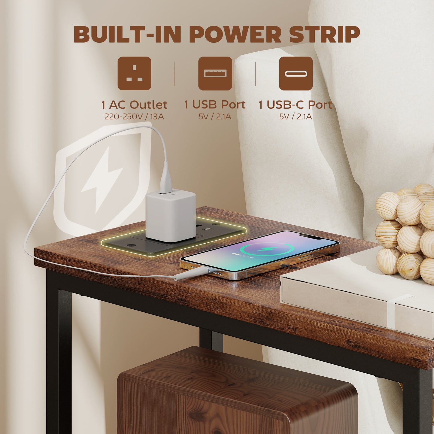 Suro Wooden Narrow Bedside Table With 2 Drawers And Built In Charging Station