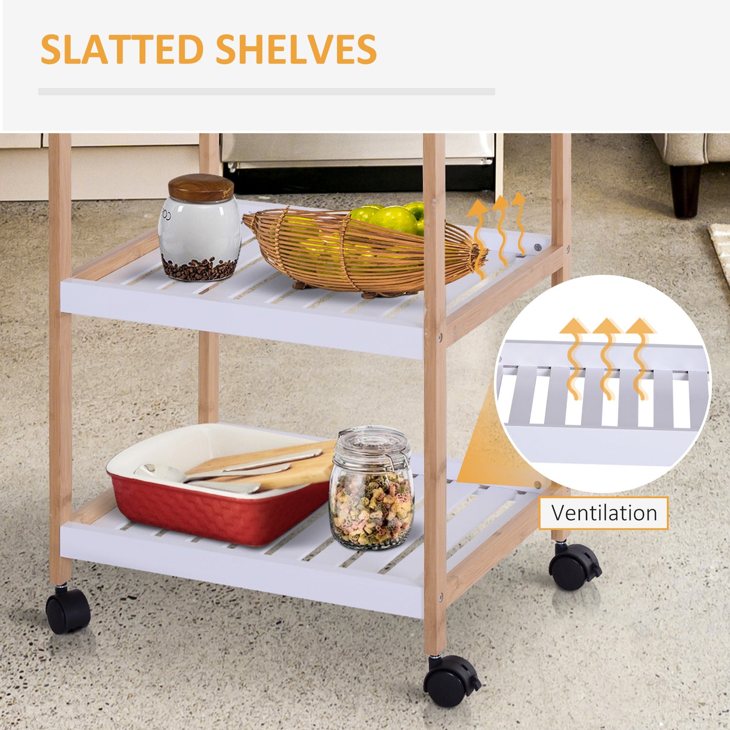Vesa Wooden White 3 Tier Mobile Kitchen Trolley With Shelves