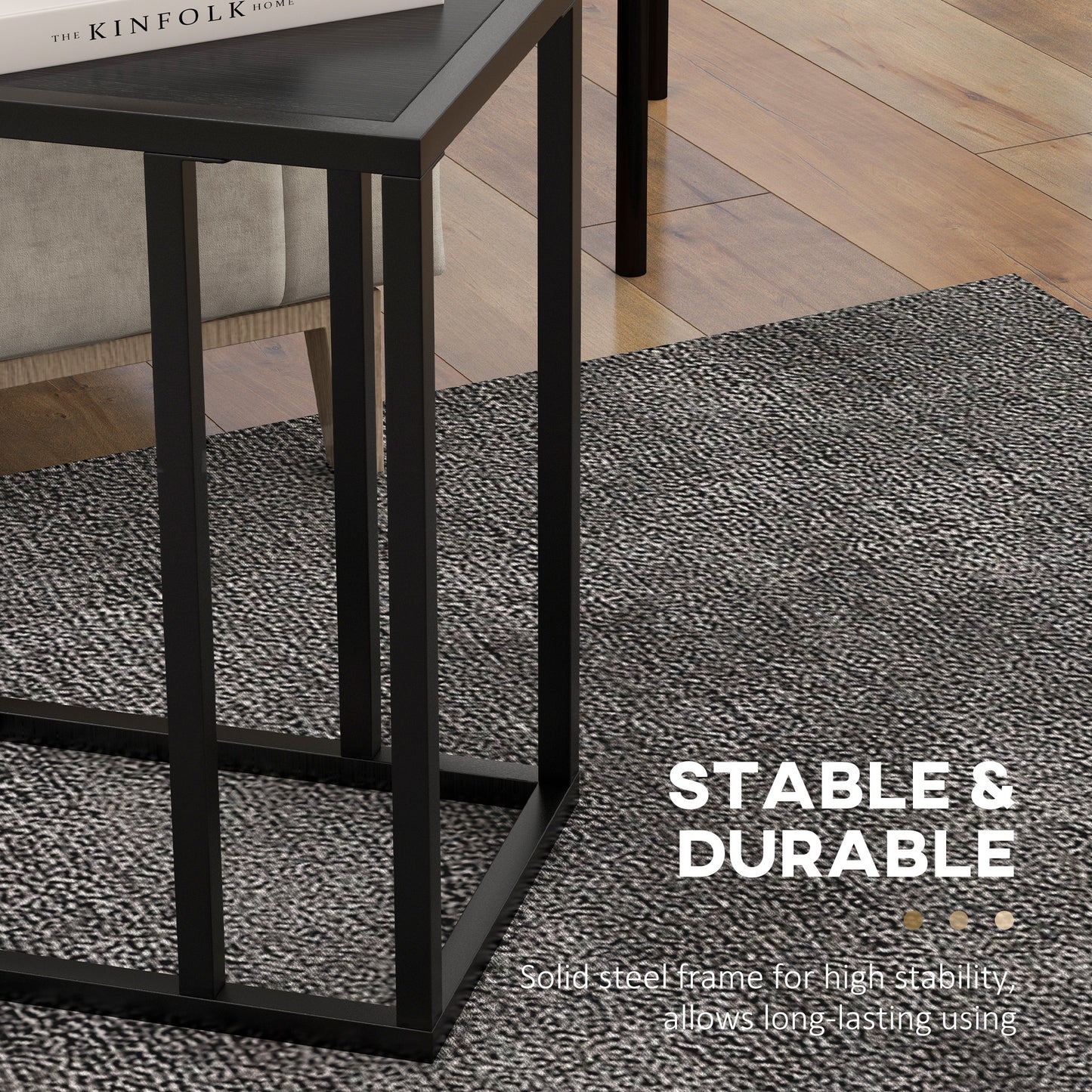 Sariso Metal And Wooden Black C Shaped Side Table With Wood Effect Top