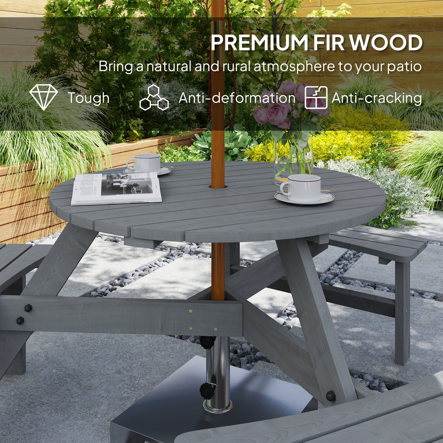 Taviba 6 Seater Grey Wood Round Picnic Table and Garden Benches Set