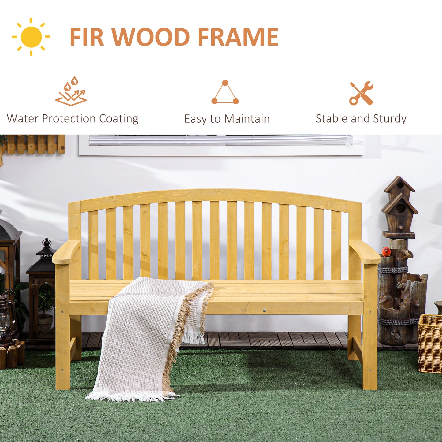 Tola 143cm Natural Wood 2 Seater Garden Bench With Armrests Slatted Frame