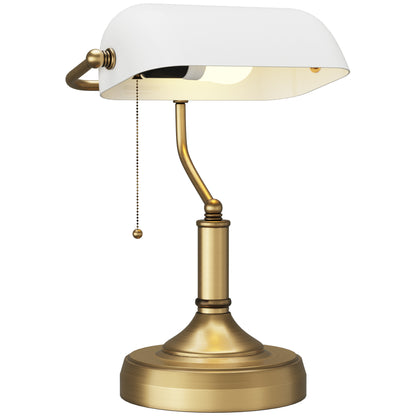 Yori Metal And Glass White Bankers Desk Lamp With Antique Bronze Tone Base