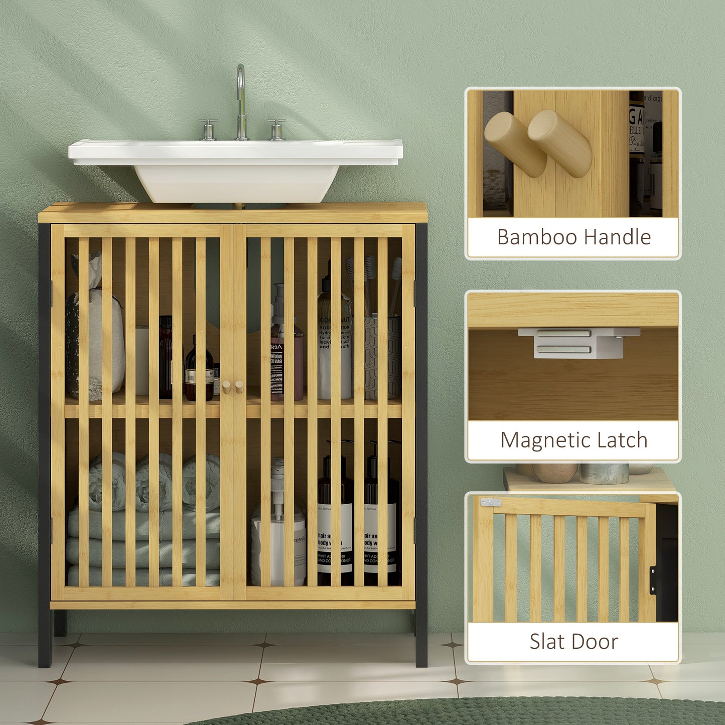 Rotove Bamboo Style Under Sink Bathroom Storage Cabinet With Cut Out Front