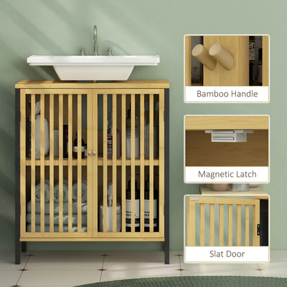 Rotove Bamboo Style Under Sink Bathroom Storage Cabinet With Cut Out Front