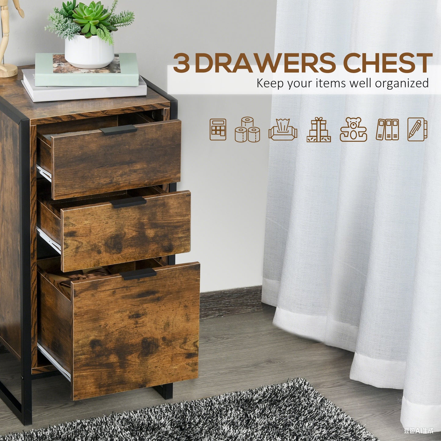 Miri Black Metal And Wooden Rustic Brown Industrial 3 Drawer Chest