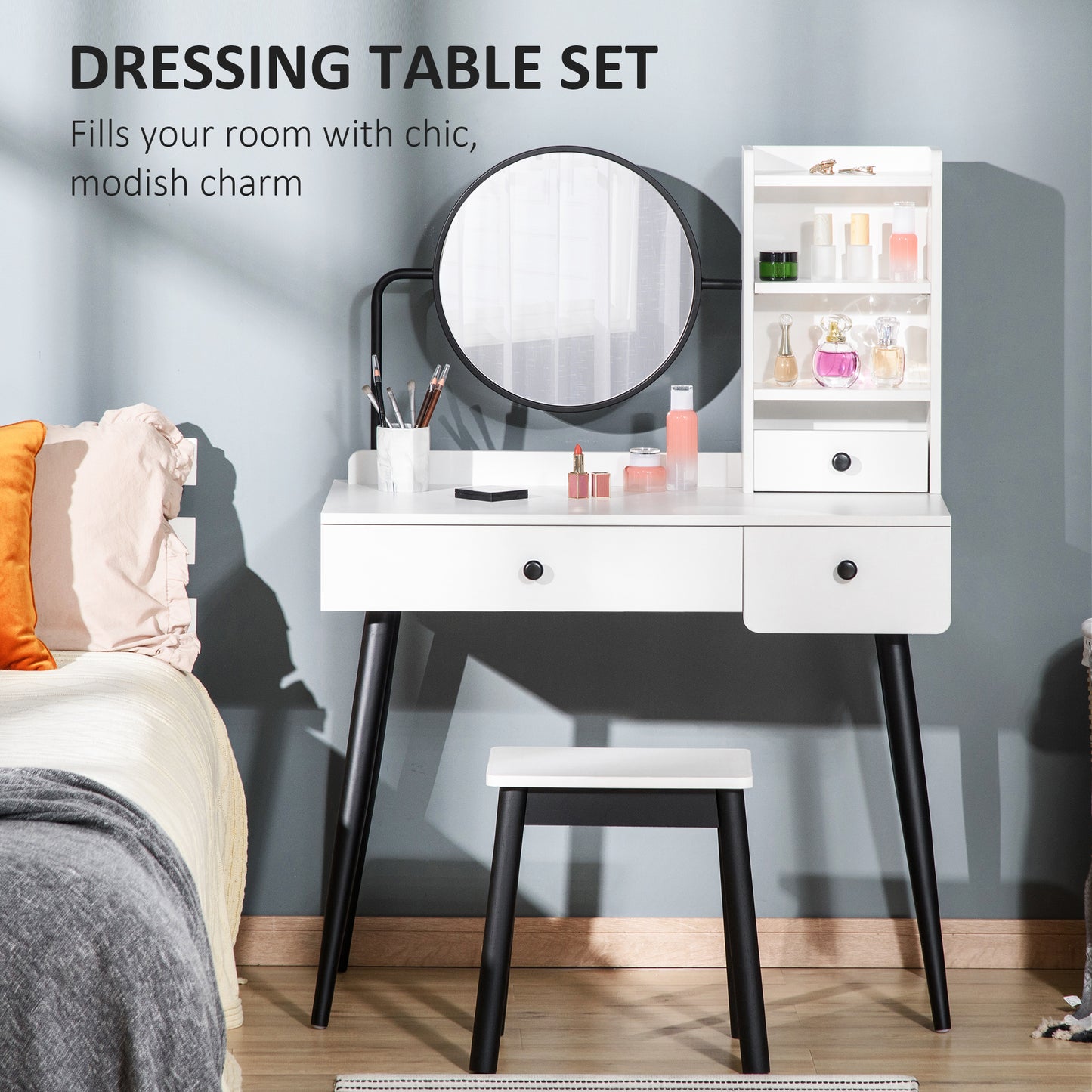 Viro Suso White Dressing Table And Stool Set With 3 Drawers And OFauxn Shelving