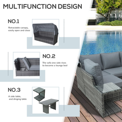 Mosone Rattan Grey 5 Seater Reclining Outdoor Sofa Set With Canopy and 2 Tables