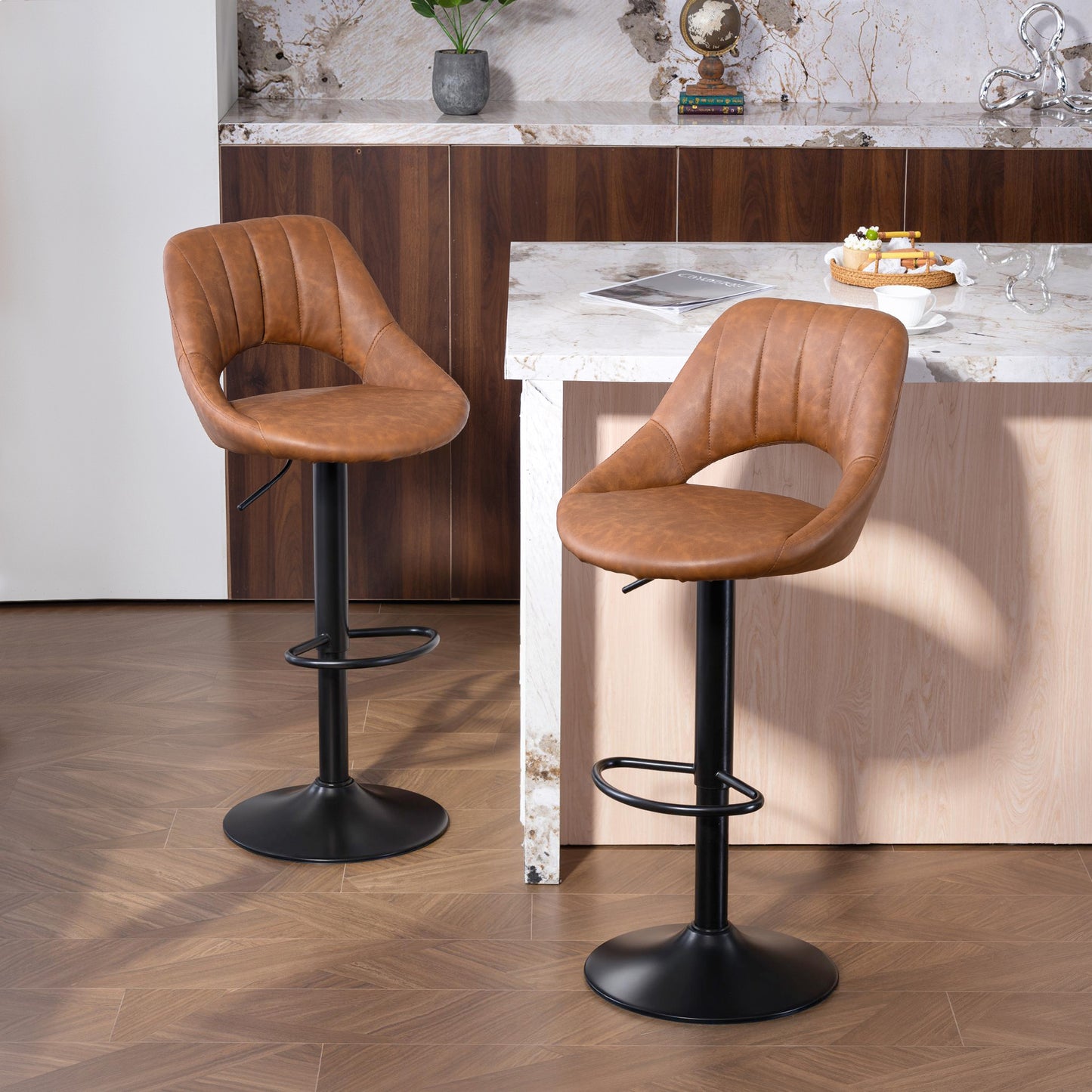Palosa Set Of 2 Brown Faux Leather Swivel Bar Chairs With Backrest And Footrest