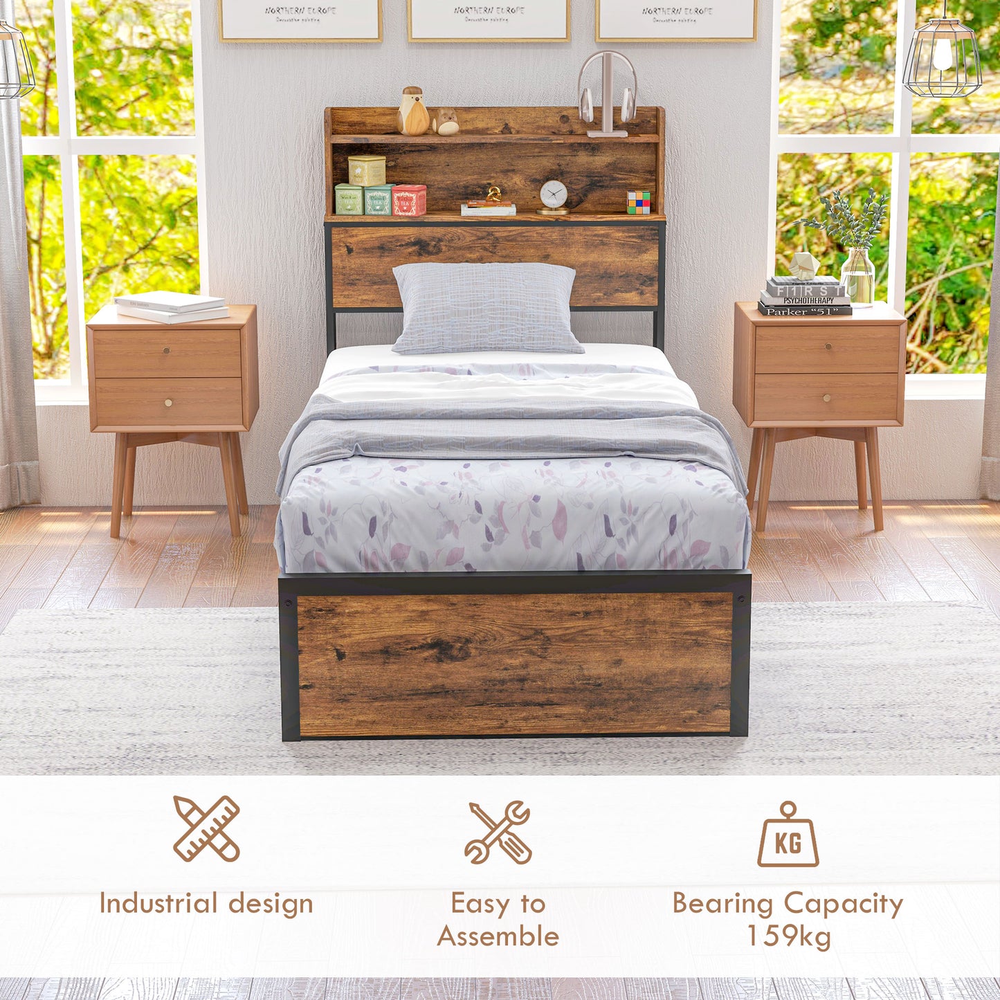 Sata 3FT1 Rustic Brown and Black Industrial Single Bed Frame with Shelves
