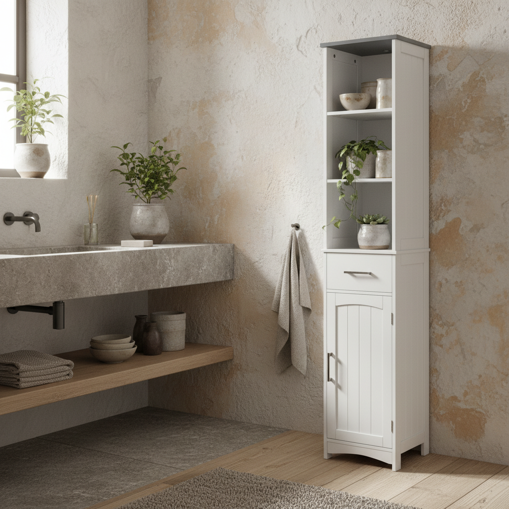 Noka 163cm Tall Slim Bathroom Linen Cabinet With Shelves Drawer And Door In White