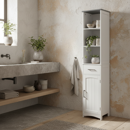 Noka 163cm Tall Slim Bathroom Linen Cabinet With Shelves Drawer And Door In White