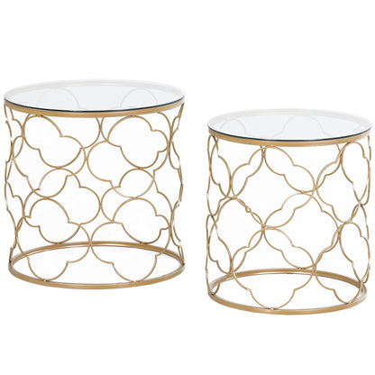 Takkita Metal And Glass Gold Tone Set Of 2 Nesting Side Tables With Tempered Glass Tops