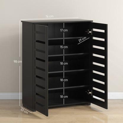 Kamoza Black Wooden White Slim Entryway Shoe Cabinet With 5 Tier Storage And Slatted Doors