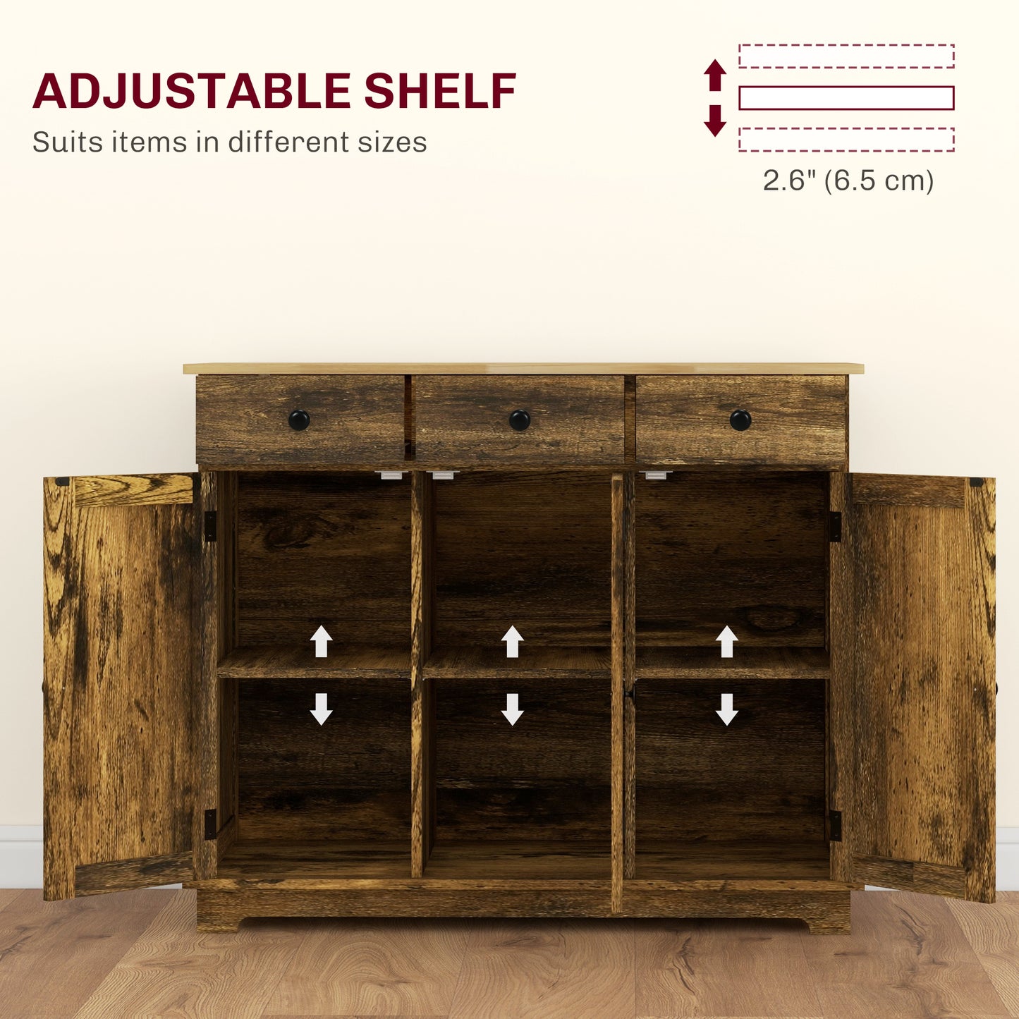 Vesudo Rustic Brown Sideboard With 3 Doors 3 Drawers 2 Shelves