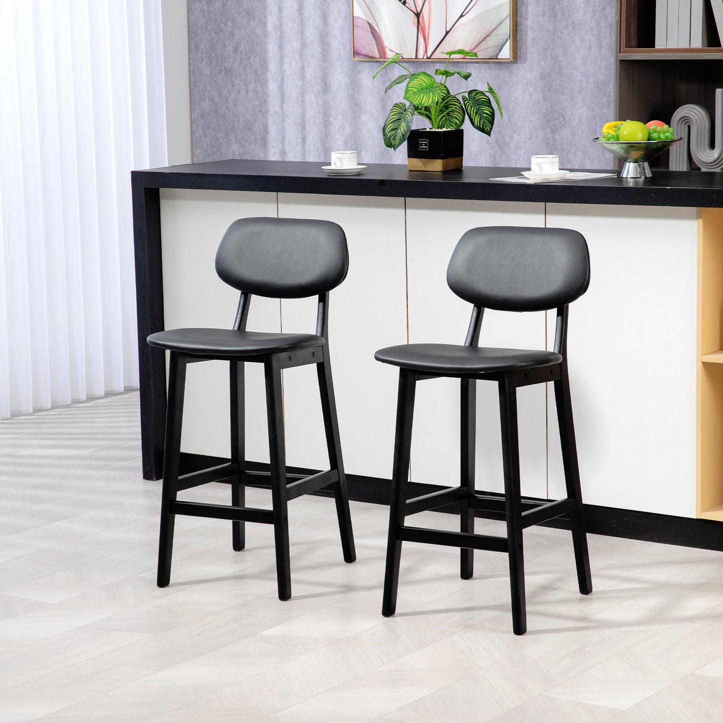 Resono Solid Wood Black Classic Bar Stools Set Of 2 With Faux Leather Seats