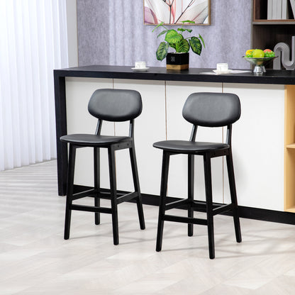 Resono Solid Wood Black Classic Bar Stools Set Of 2 With Faux Leather Seats