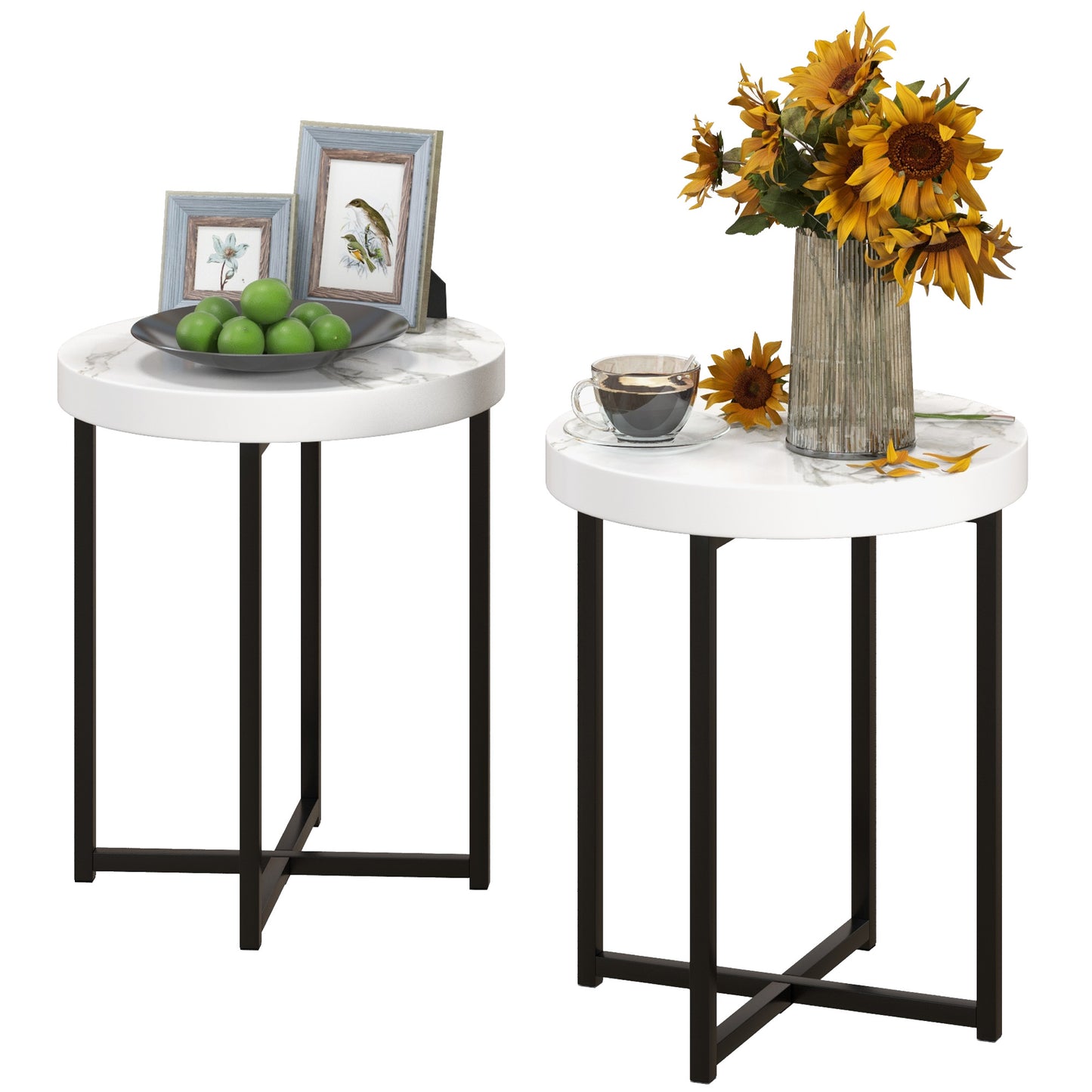 Nesama Black Metal And White Wooden  Set Of 2 Round Side Tables