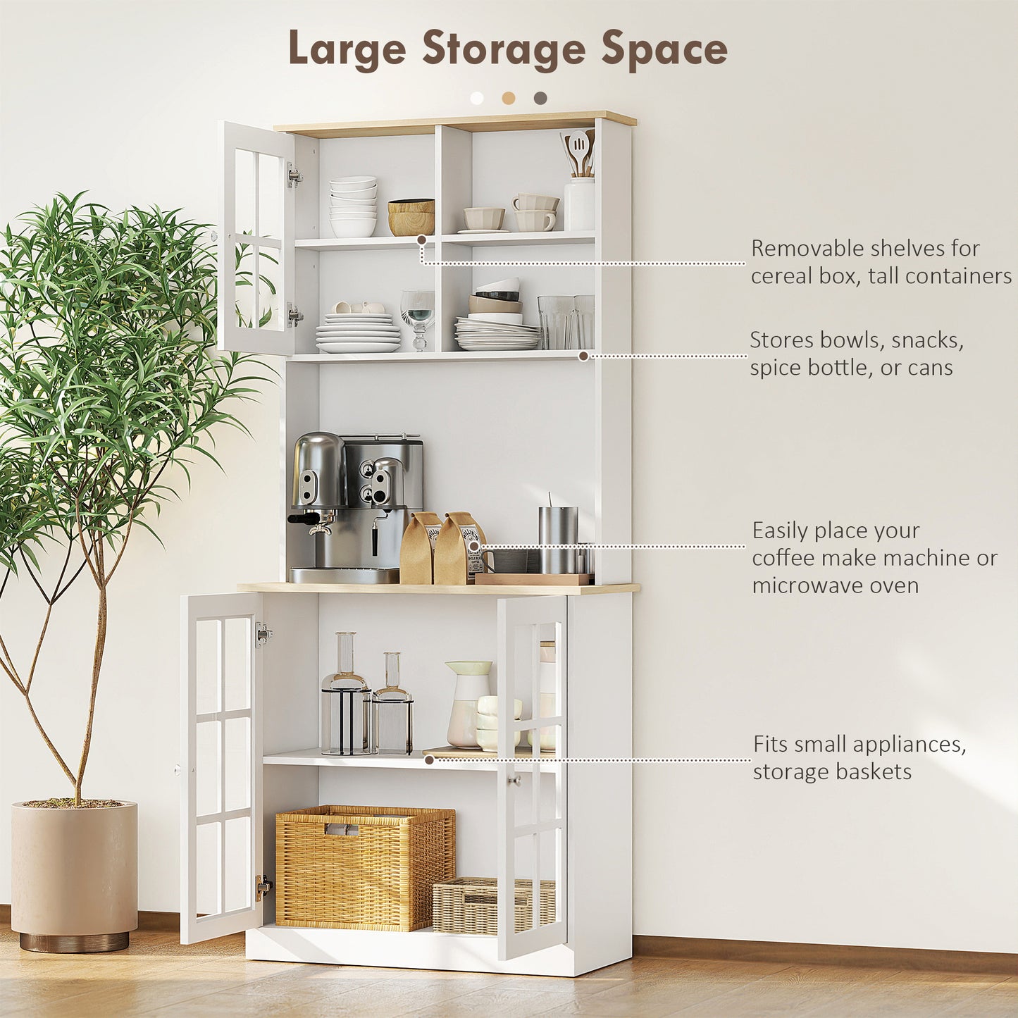 Somire Wooden White Kitchen Storage Cabinet With Glass Doors Countertop And Adjustable Shelves