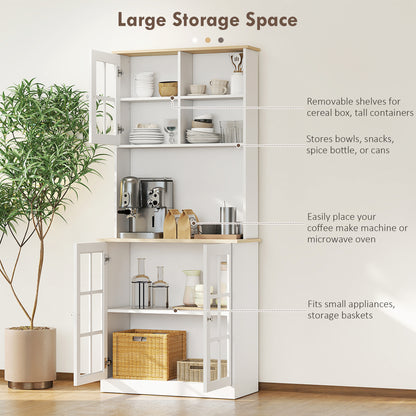 Somire Wooden White Kitchen Storage Cabinet With Glass Doors Countertop And Adjustable Shelves
