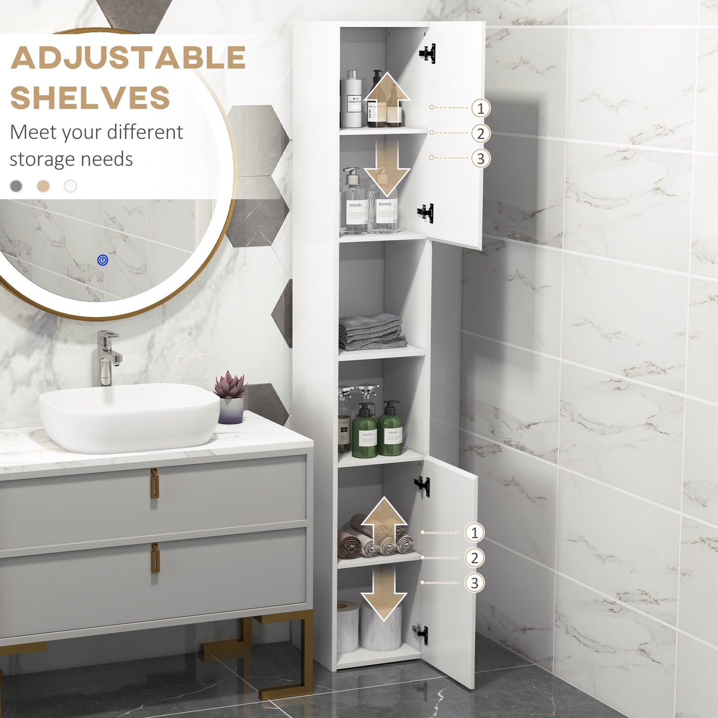 Yoco High Gloss White Freestanding Bathroom Storage Cabinet With Doors And Adjustable Shelves