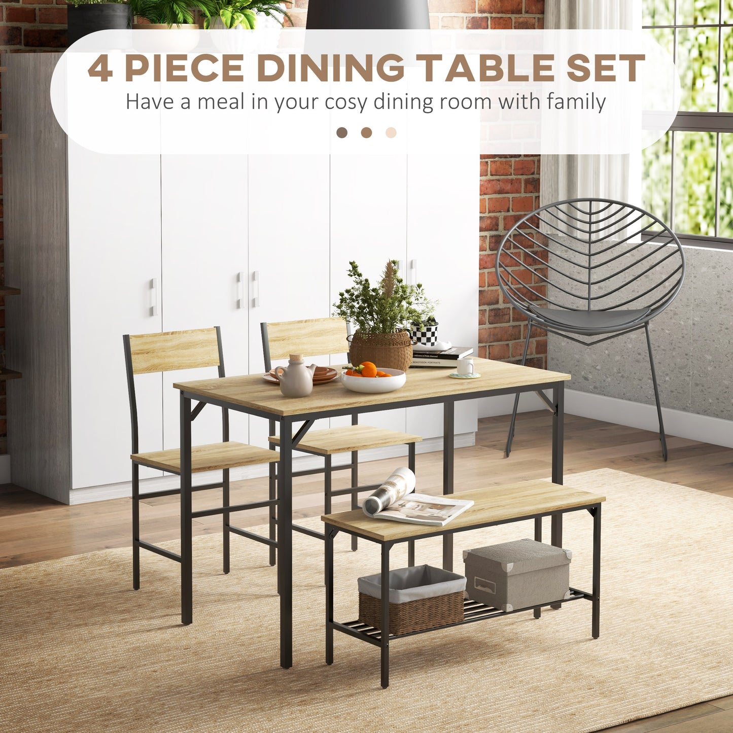 Kesudi Wooden Natural Square Dining Set Seating 4 With Bench