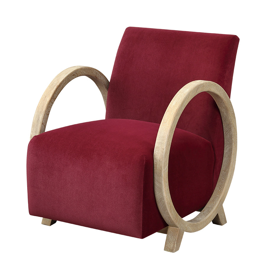 Aracaju Plum Red Velvet and Oak Ring Armchair