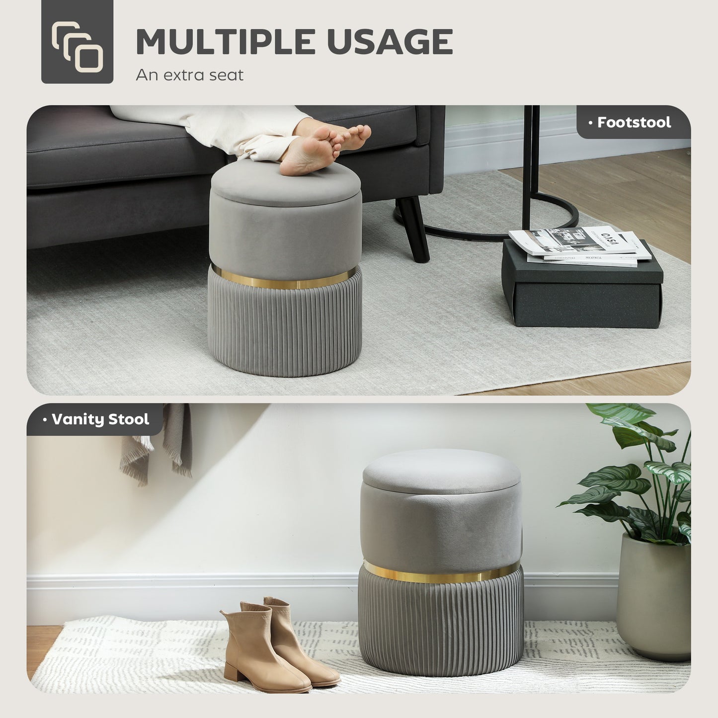 Rivera Velvet Light Grey Ribbed Storage Ottoman Gold Accent