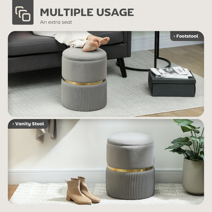 Rivera Velvet Light Grey Ribbed Storage Ottoman Gold Accent