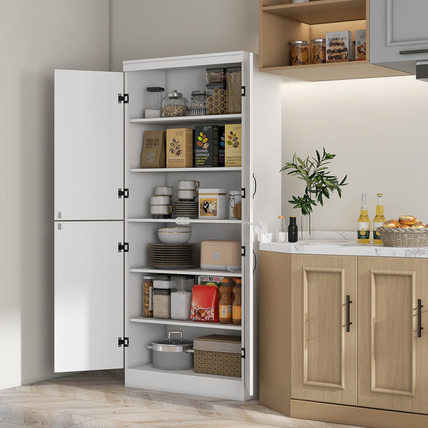 Nahado Wooden White 4 Door Tall Kitchen Cupboard With 6 Tier Storage And Adjustable Shelves