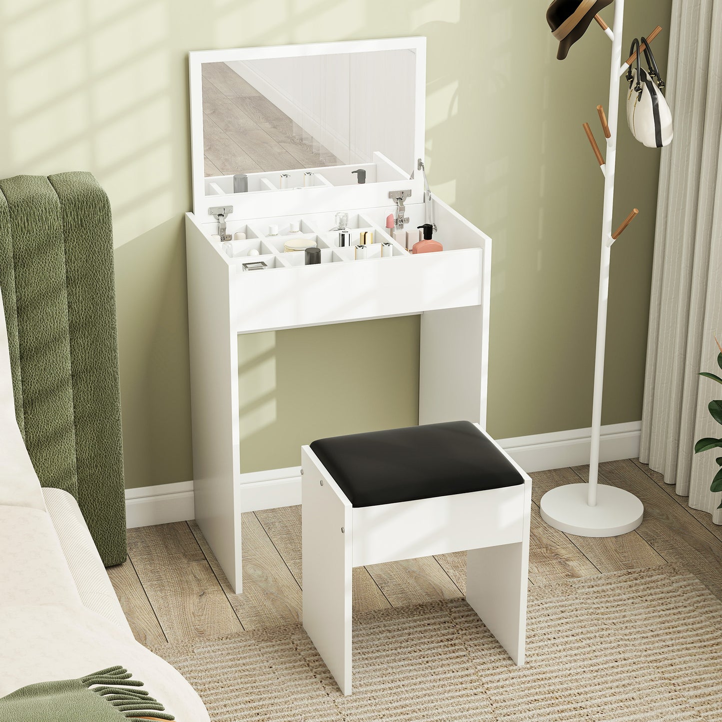 Nolena White Wood Vanity Table With Flip Up Mirror Padded Stool And Storage
