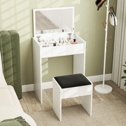 Nolena White Wood Vanity Table With Flip Up Mirror Padded Stool And Storage