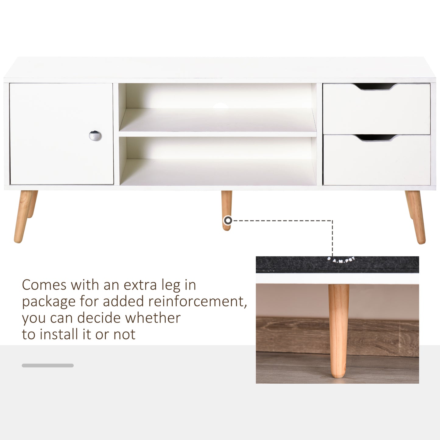 Rani Mano 120cm Wooden White TV Console With Open Shelves 2 Drawers 1 Door