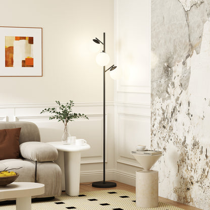 Dorizi Metal Black 3 Light Tree Floor Lamp With Globe Shades And Steel Base