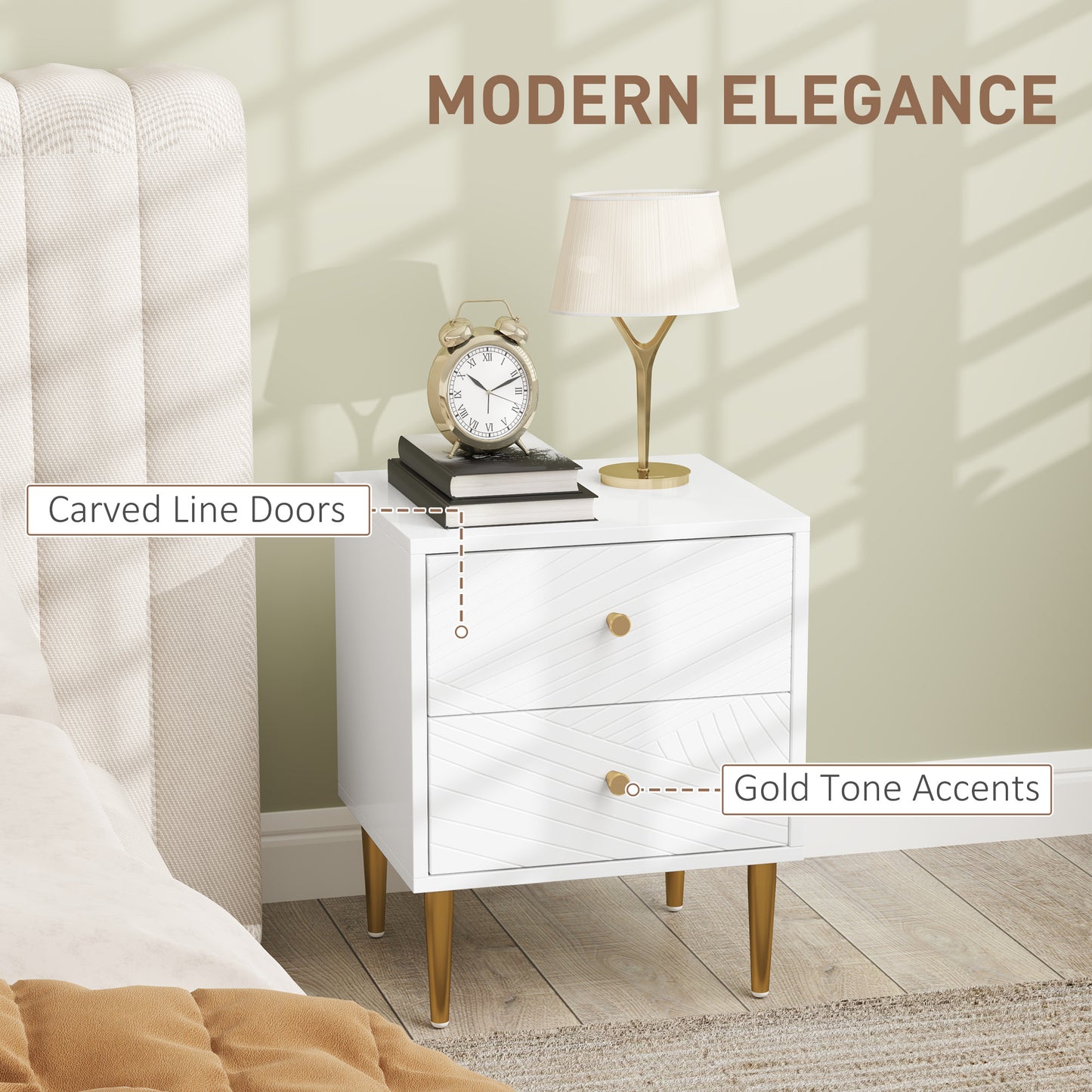 Dina White And Gold 2 Drawer Elegant Bedside Table