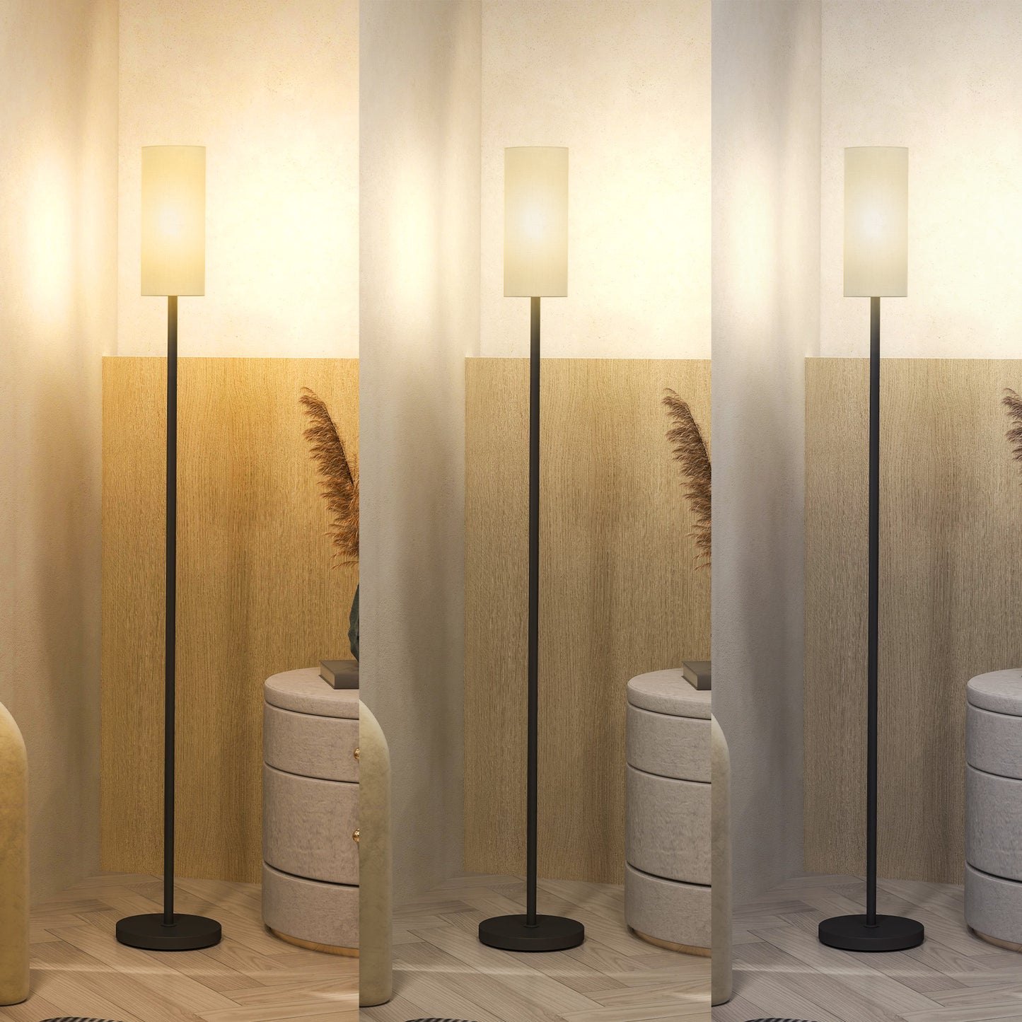 Pavi  Metal And Fabric White Minimalist Floor Lamp With Linen Shade And Foot Switch