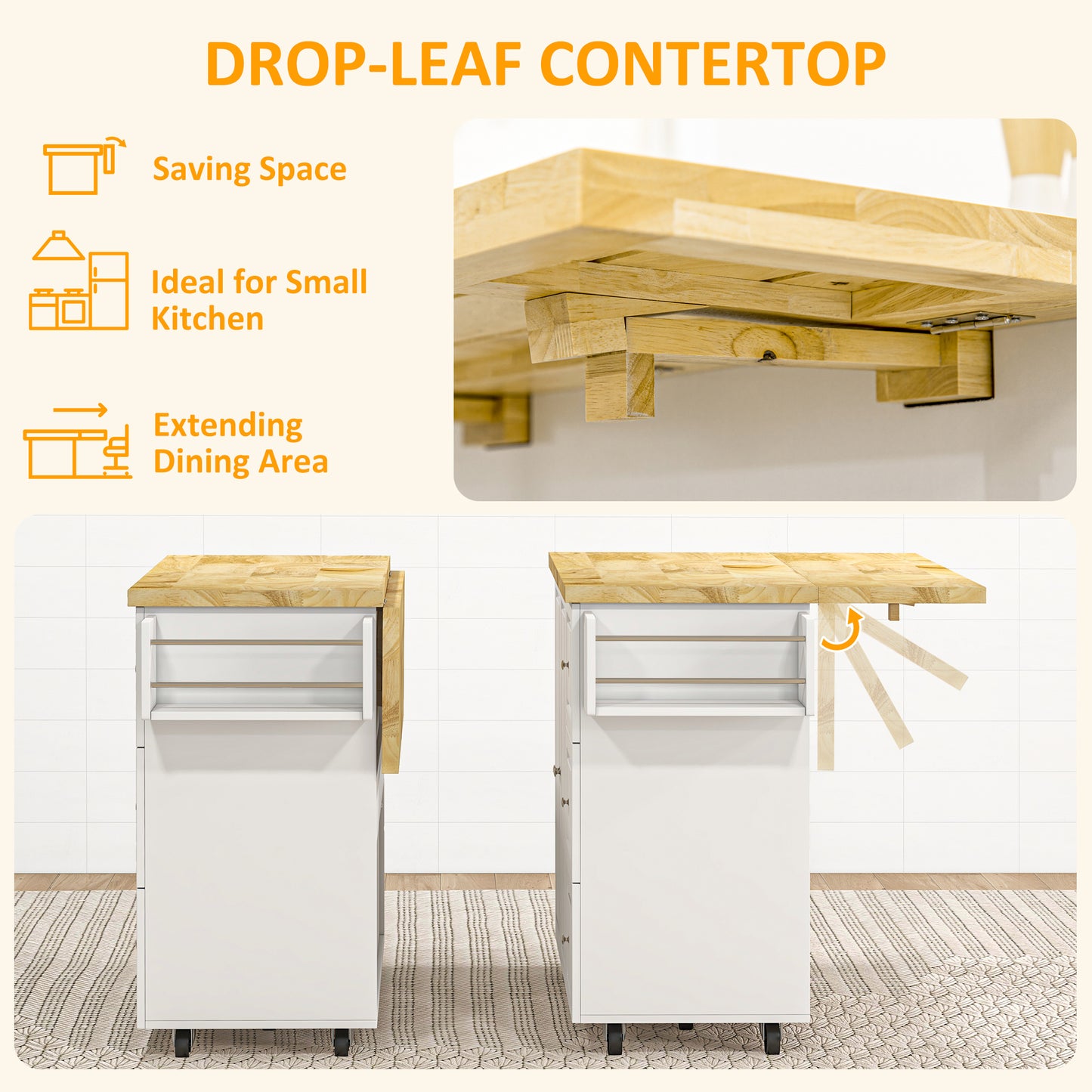 Tanalo Wooden White Rolling Kitchen Island With Drop Leaf Drawers Towel And Spice Racks