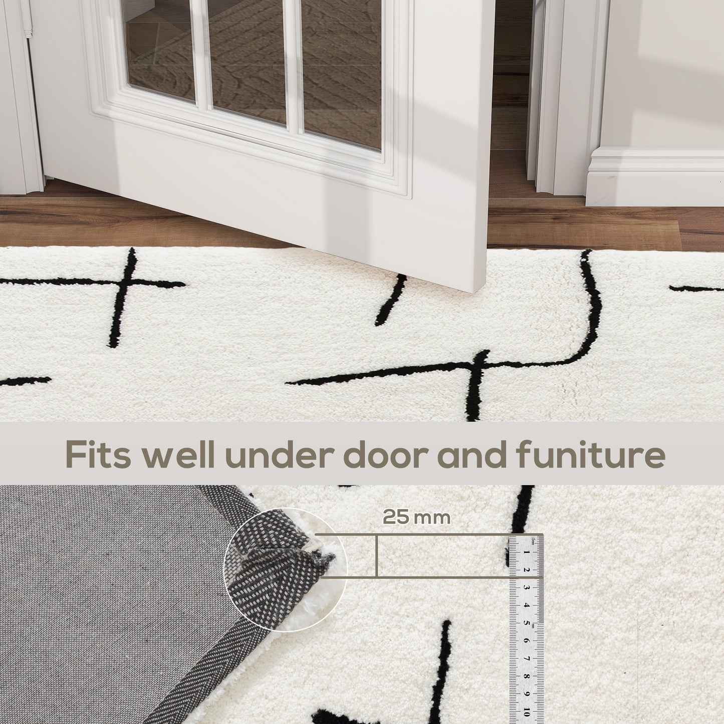 Soelvi White and Black Fluffy High Pile Geometric Rug 170 x 120cm