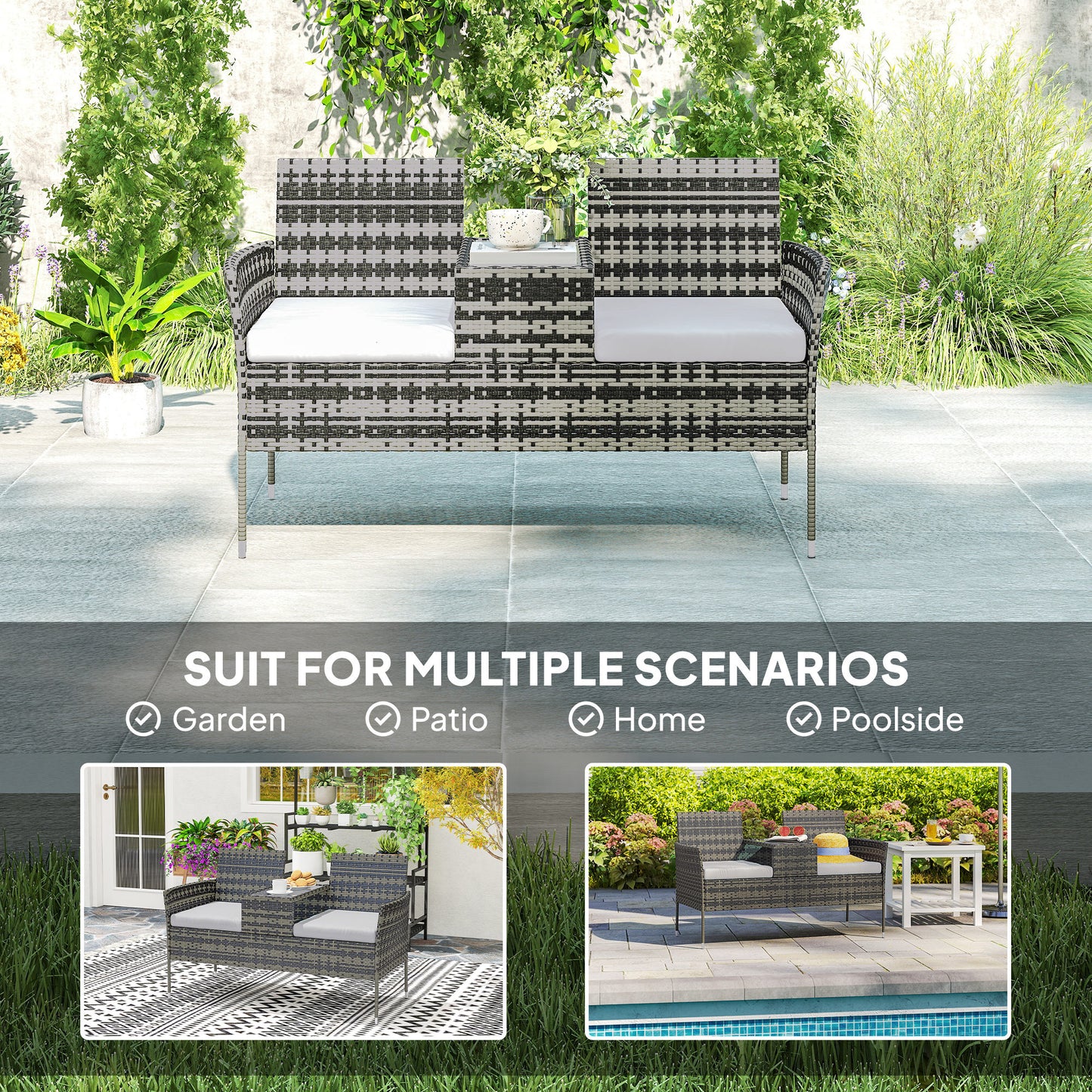 Cofi Rattan Dark Grey 2 Seater Chair With Integrated Centre Table