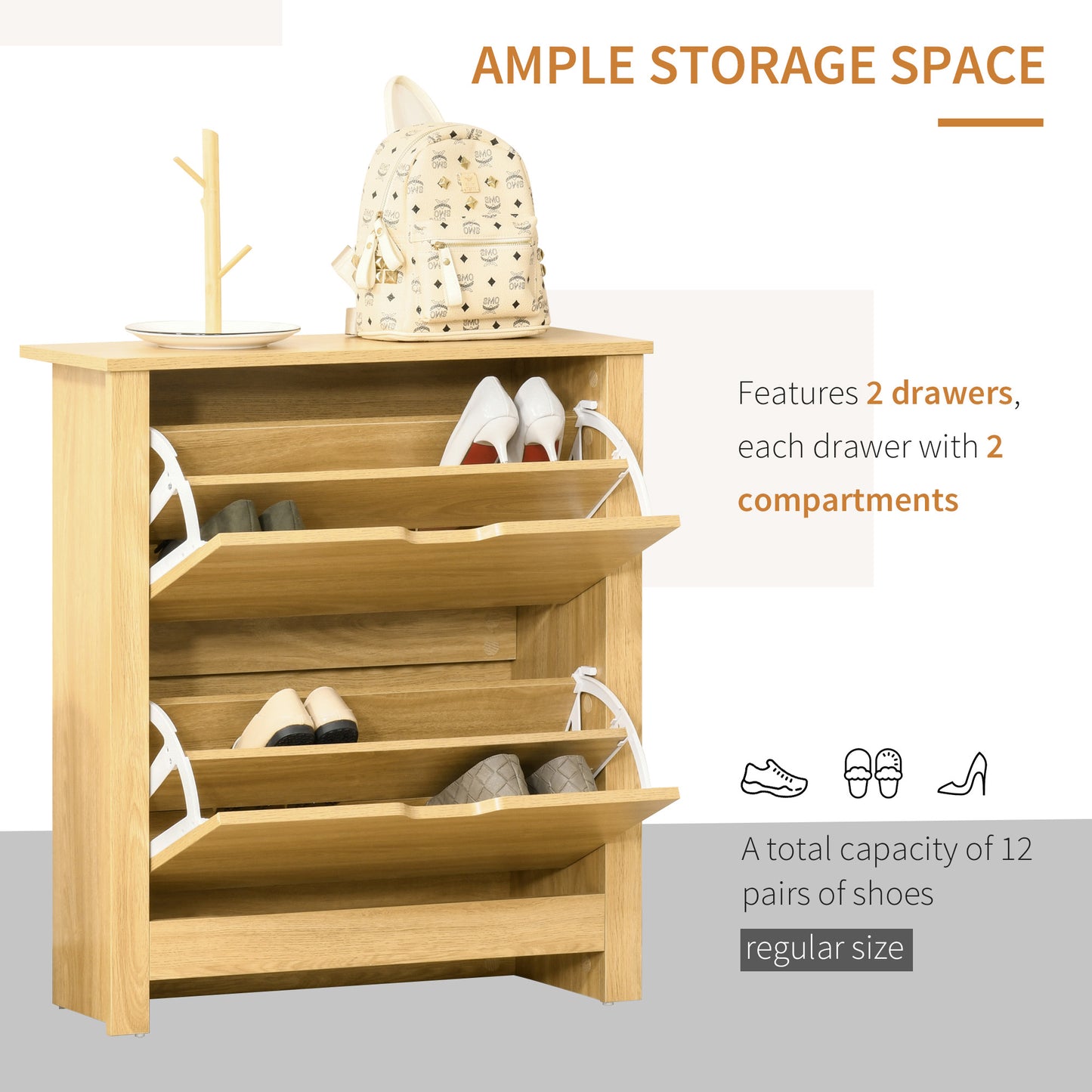 Sato Rilu Wooden Natural Slim Shoe Cabinet With 2 Flip Drawers For 12 Pairs