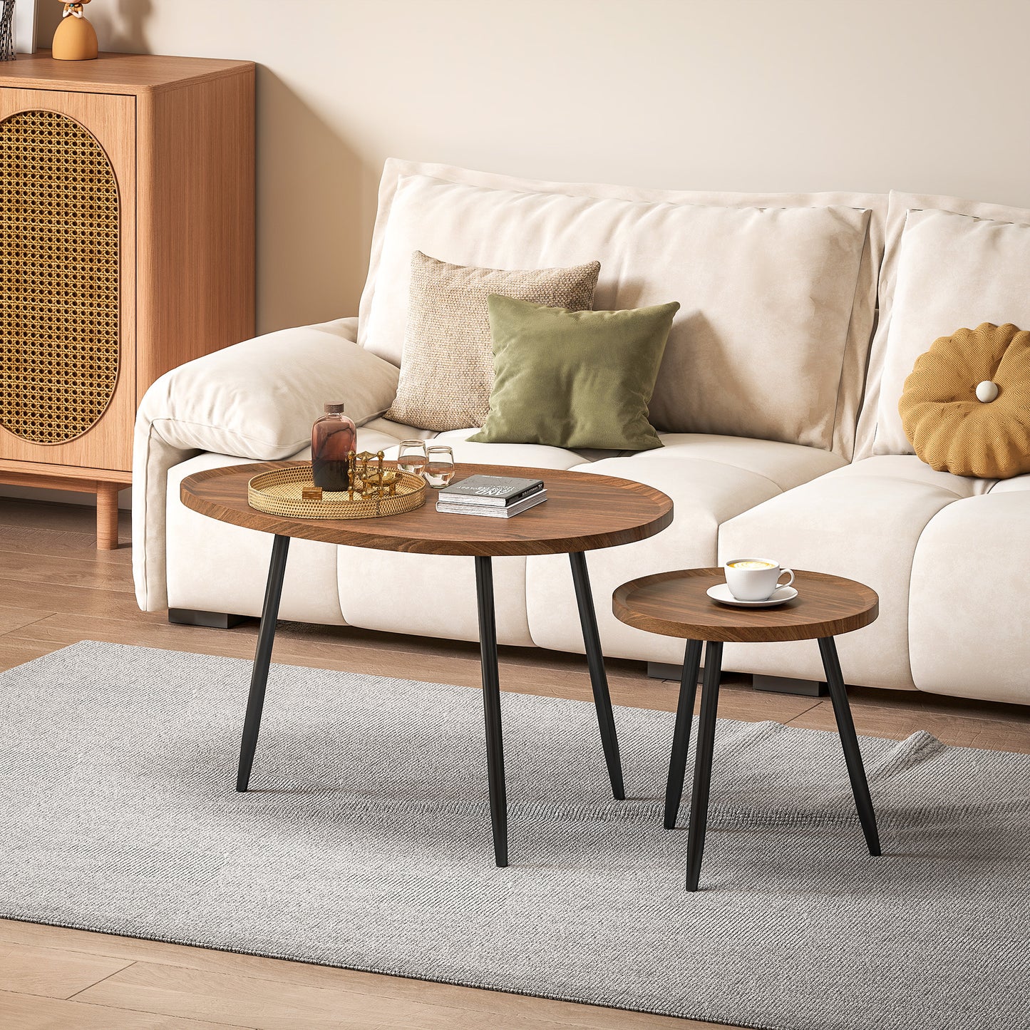 Suta Noni Metal And Wood Chestnut Finish Set Of 2 Nesting Coffee Tables 80 cm