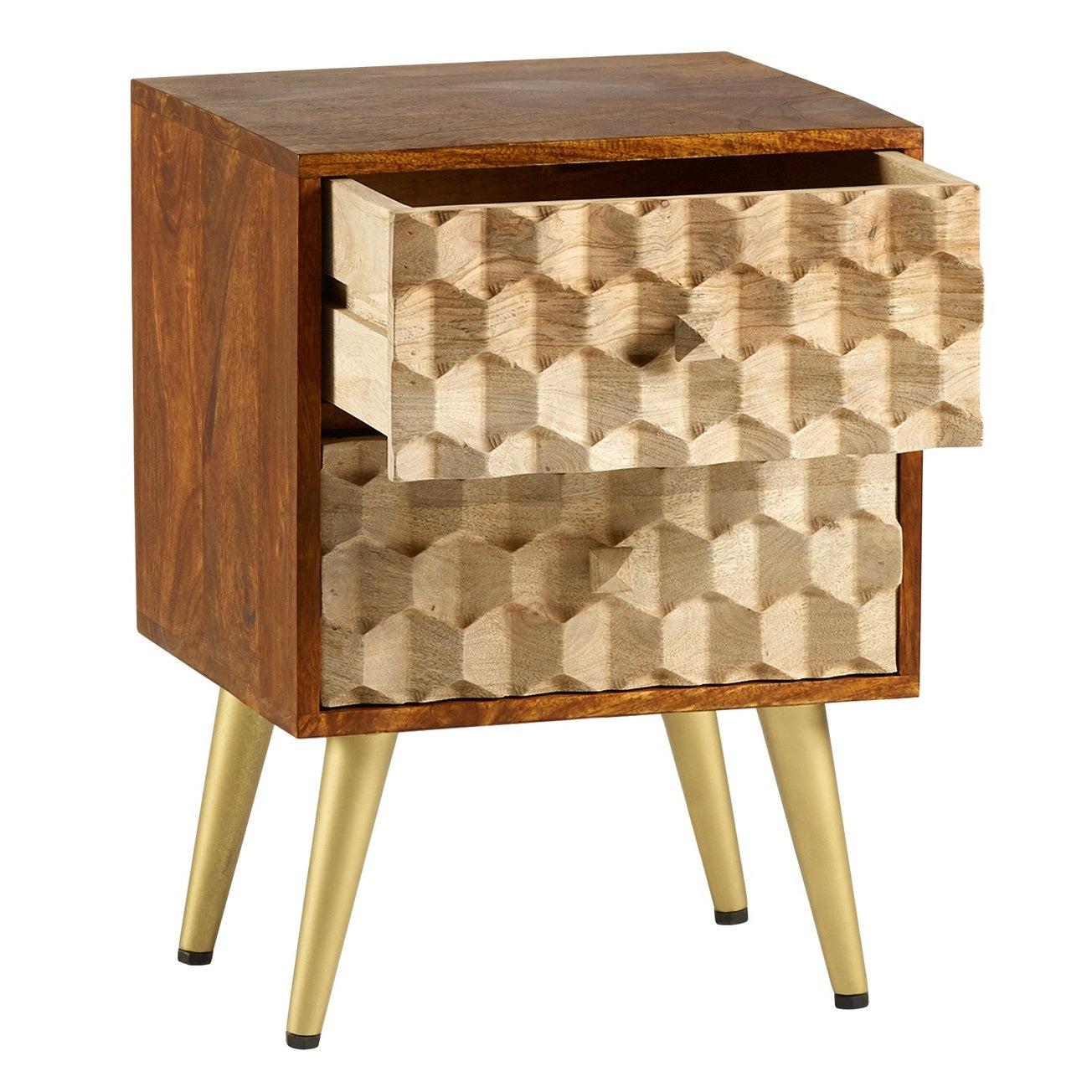 Shenzhen Mango Wood Side Table 2 Drawers Gold Geometric Pattern