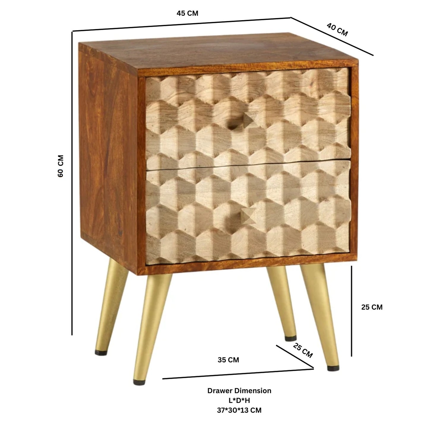 Shenzhen Mango Wood Side Table 2 Drawers Gold Geometric Pattern
