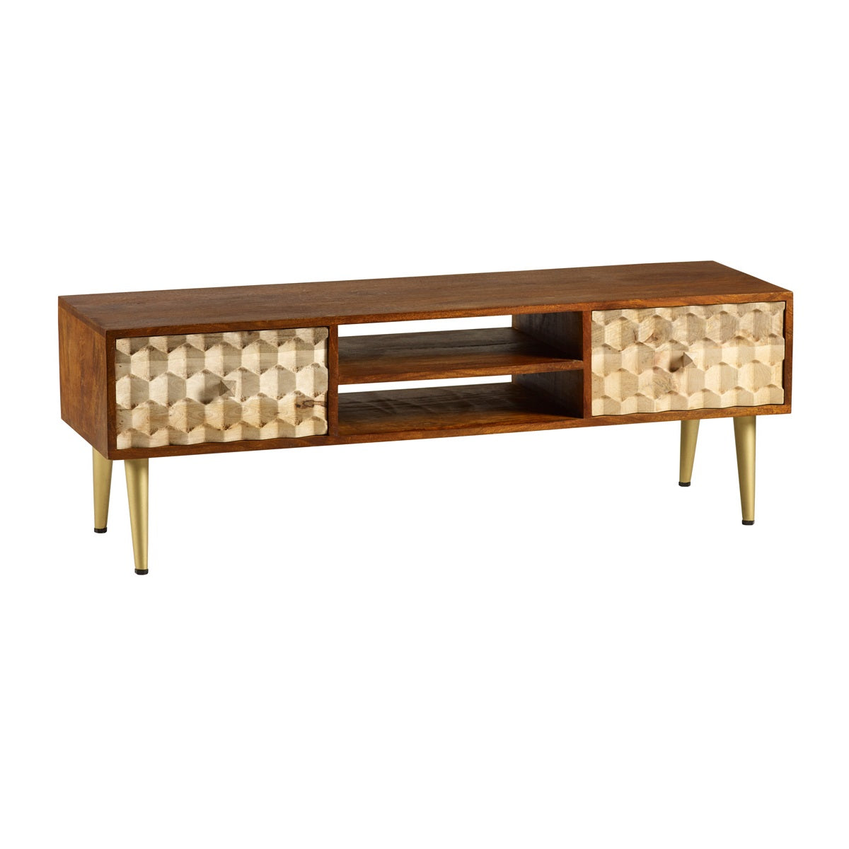 Shenzhen Mango Wood TV Stand 2 Shelves 2 Drawers Gold Geometric Pattern