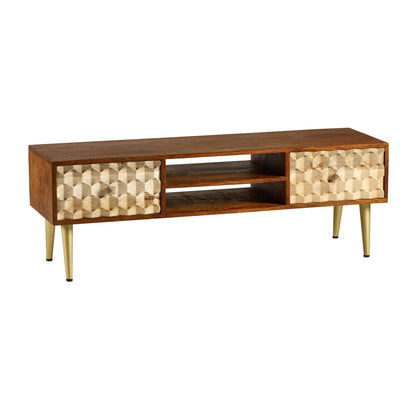 Shenzhen Mango Wood TV Stand 2 Shelves 2 Drawers Gold Geometric Pattern