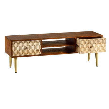 Shenzhen Mango Wood TV Stand 2 Shelves 2 Drawers Gold Geometric Pattern