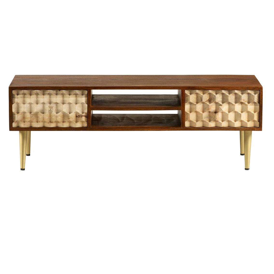Shenzhen Mango Wood TV Stand 2 Shelves 2 Drawers Gold Geometric Pattern