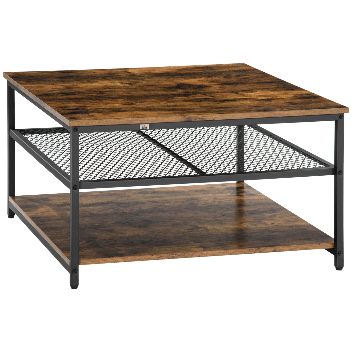 Nafata Wooden Rustic Brown Square Coffee Table With 3 Tier Shelves