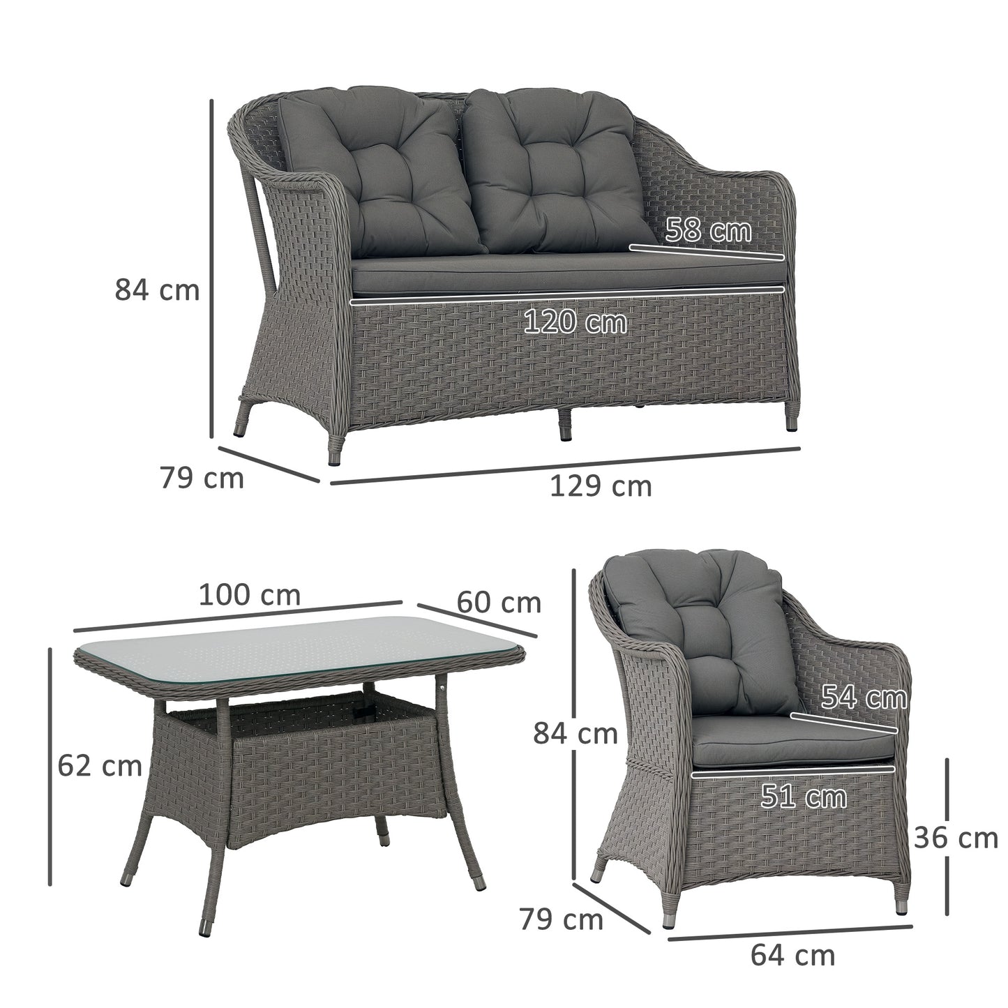 Fasake Rattan Light Grey 4 Piece Seater Furniture Set With Glass Top Table